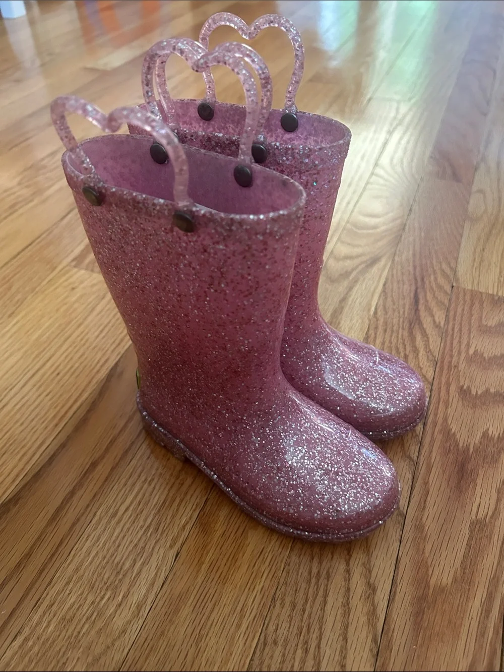 Western Chief Sparkly Pink Glitter Kids Rain Boots with Heart Handles Sz 9